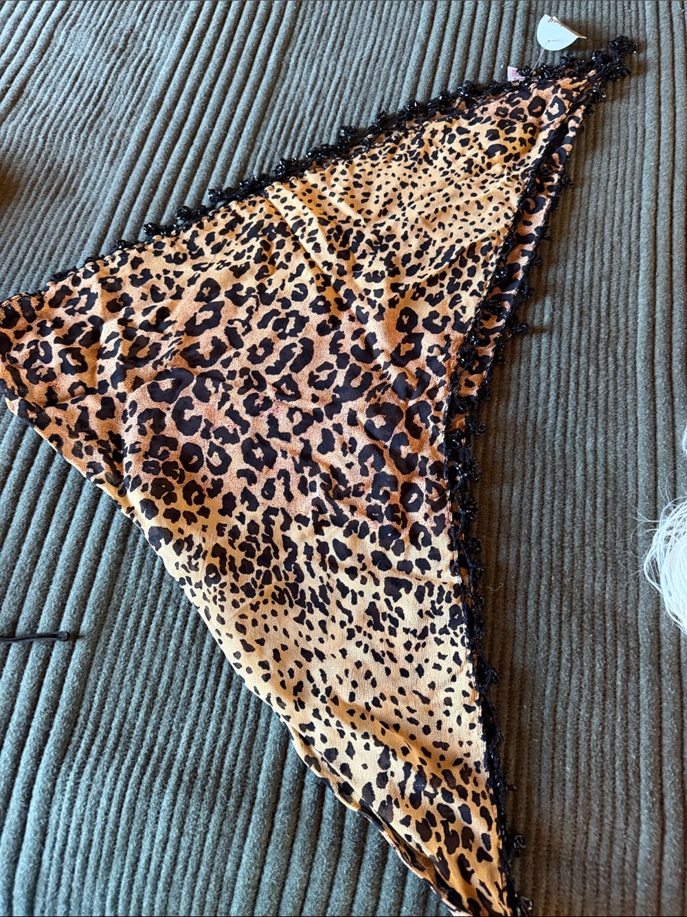 Leopard Print Triangle Scarf with Black Trim & Bead Fringe 60”